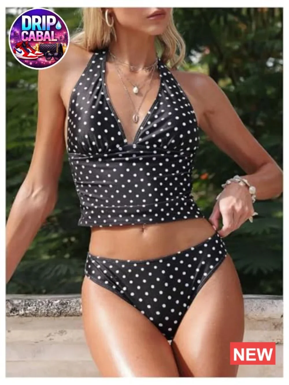 Polka Dots Tankini Set Halter V Neck Backless Two Piece Swimwear